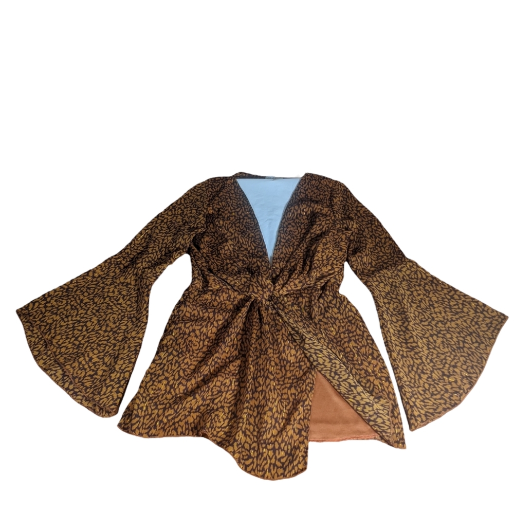 Lg Top Brown Metallic Sheer Lined Slit Faux Wrap Knot Bell Flutter Sleeve Animal